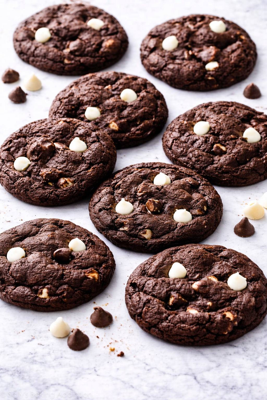 Double chocolate chip cookies with white and milk chocolate chips on a marble surface