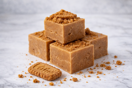 Cubes of Biscoff fudge with crumbs on a marble surface