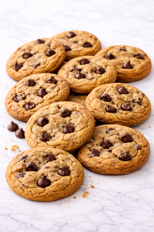 Chocolate chip cookies on a marble surface