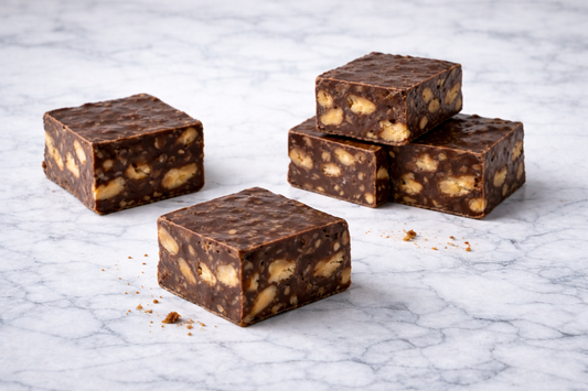 Chocolate fudge with biscuit pieces on a marble surface