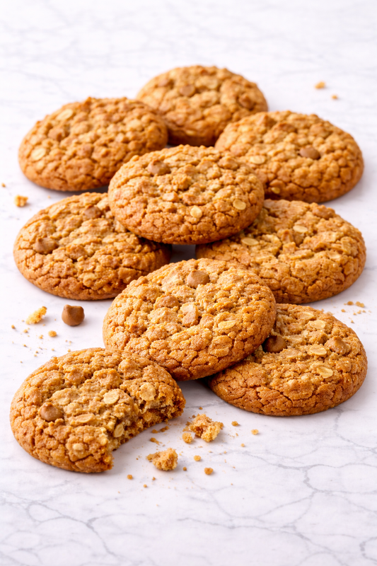 Pile of crunchie oatmeal cookies on a white marble surface