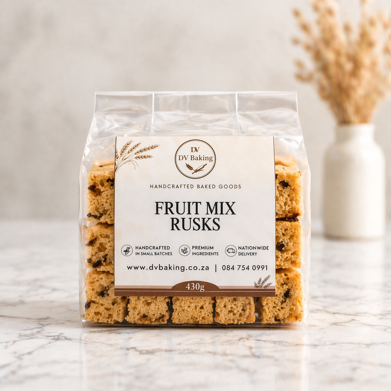 Packaged fruit mix rusks with a clear front, showing the product inside, on a marble surface.