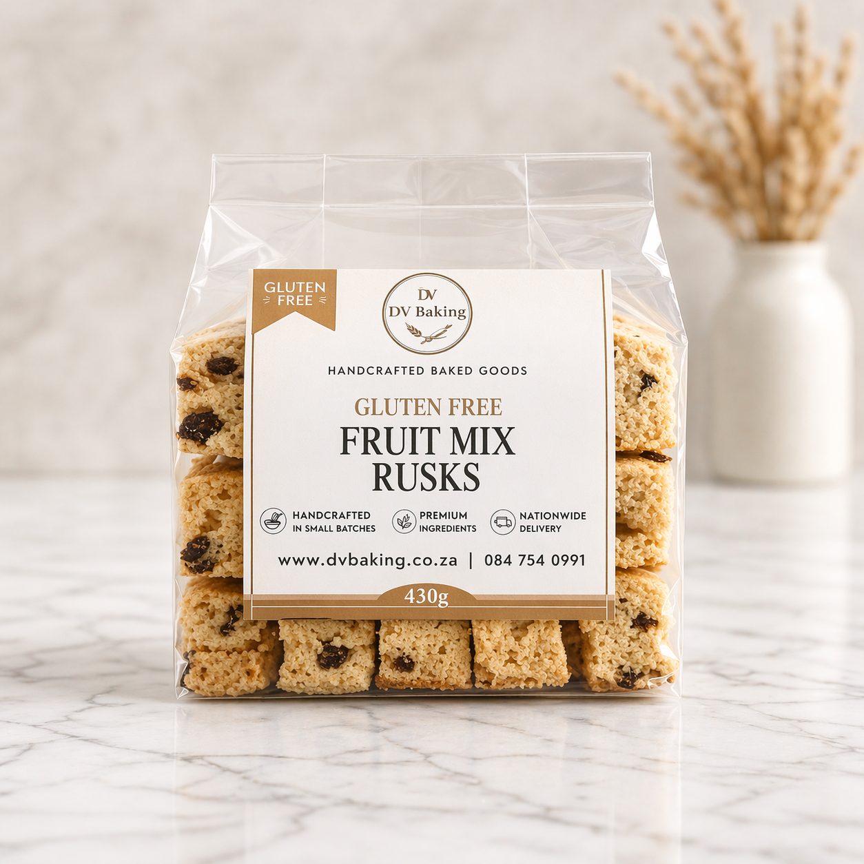 Packaged gluten-free fruit mix rusks with a visible brand label on a marble surface.
