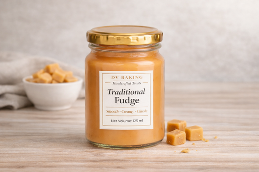 125ml Jar of traditional fudge with a label on a wooden surface