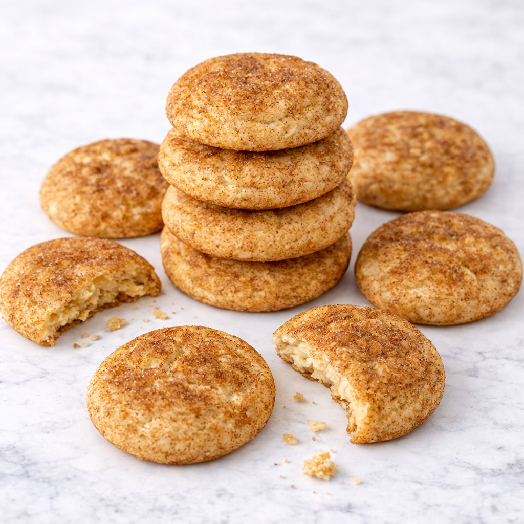 Stack of snickerdoodle cookies on a marble surface